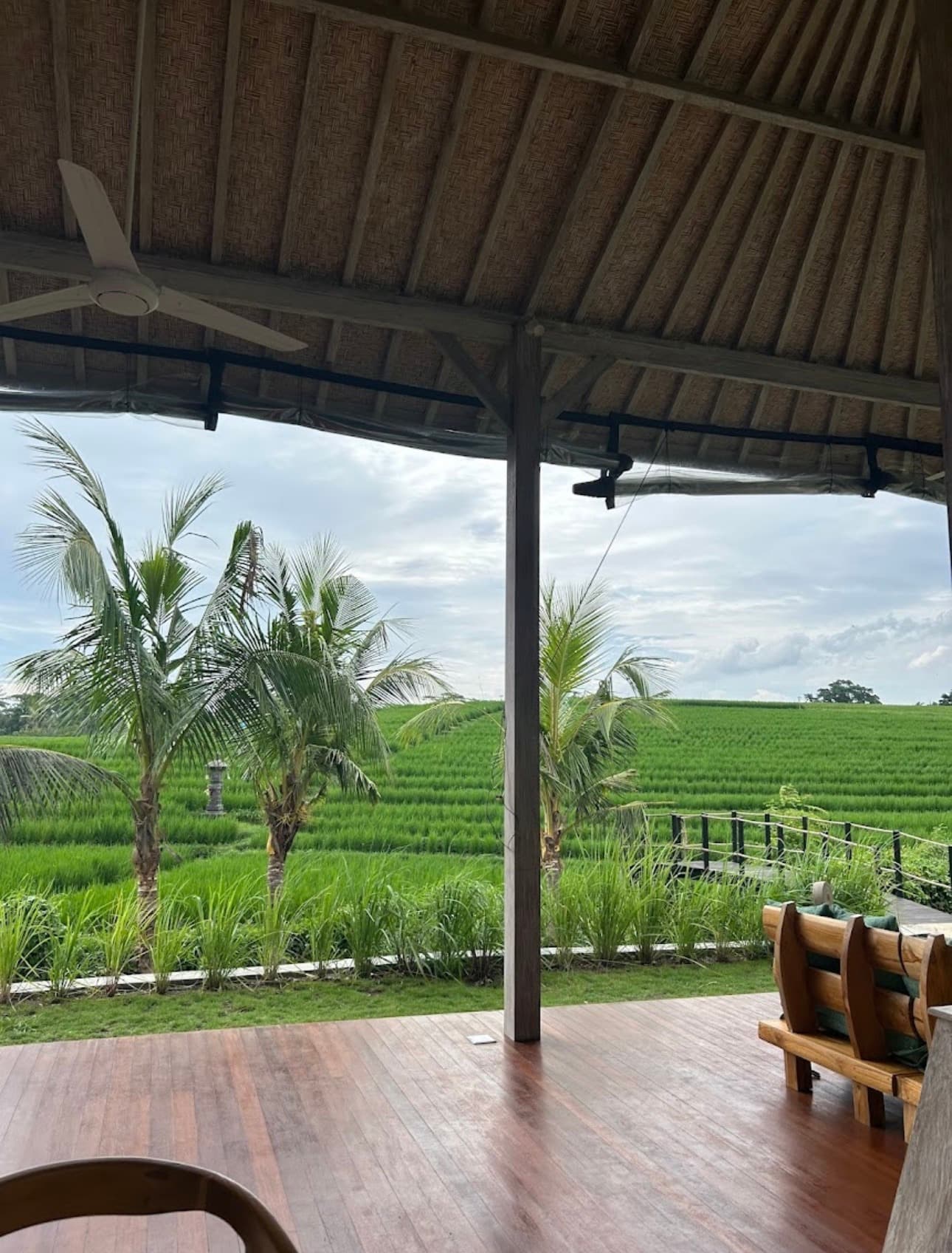 View over Bali rice fields from retreat pavilion